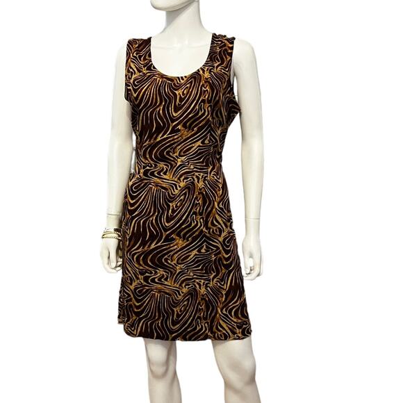 Vintage 90s Brown Swirl Wavy Psychedelic Pattern Lightweight Shift Sundress L - Picture 1 of 6